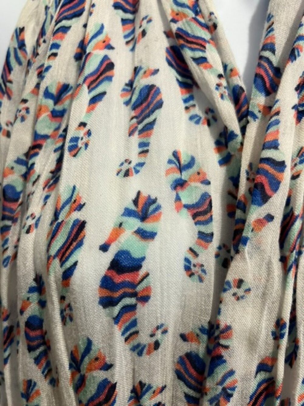 Scarf w/ seahorse print, w/tassel trim